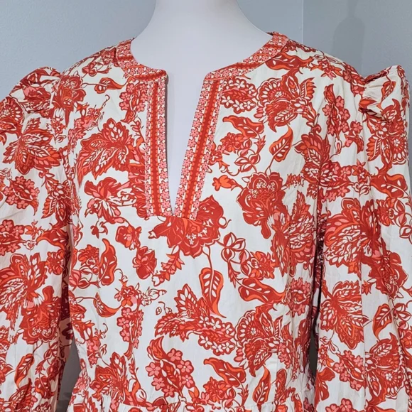 Avara Malanie Orange Allover Floral Print Cotton Puff Sleeve Fall Dress - Picture 9 of 9